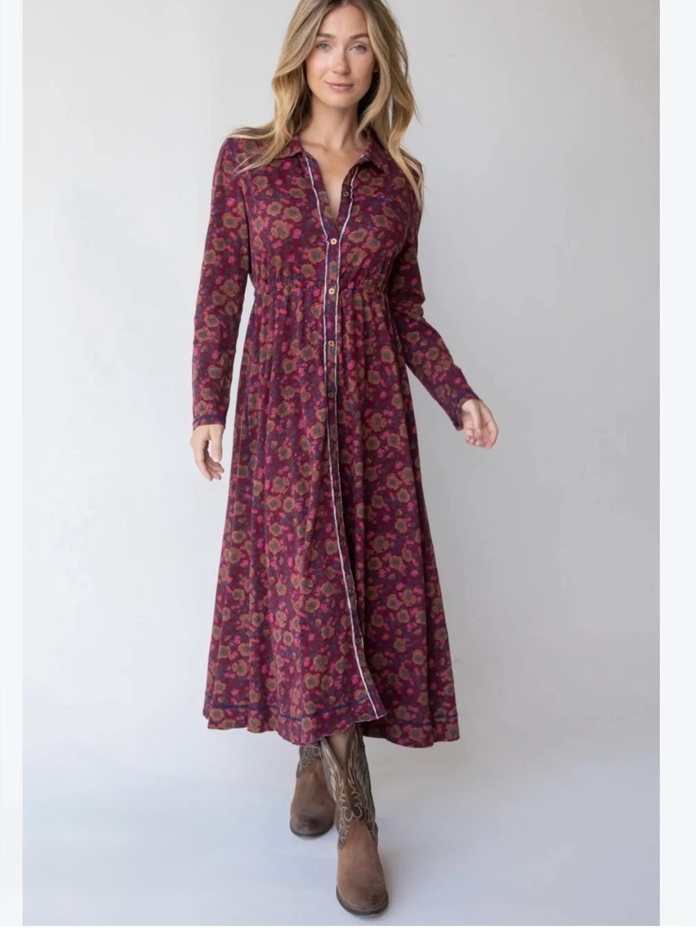 Natural Life Christa Button Cotton Maxi Dress the Cranberry Brown Floral Dress